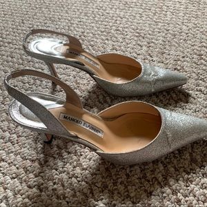 Manolo Blahnik silver glitter Carolyn pumps